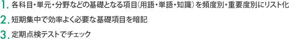 1.各科目・単元・分野などの基礎となる項目（用語・単語・知識）を頻度別・重要度別にリスト化　2.短期集中で効率よく必要な基礎項目を暗記　3.定期点検テストでチェック